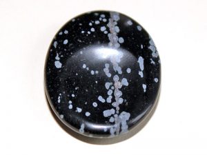 Highly polished Snowflake Obsidian thumb stone 40 x 30 mm.